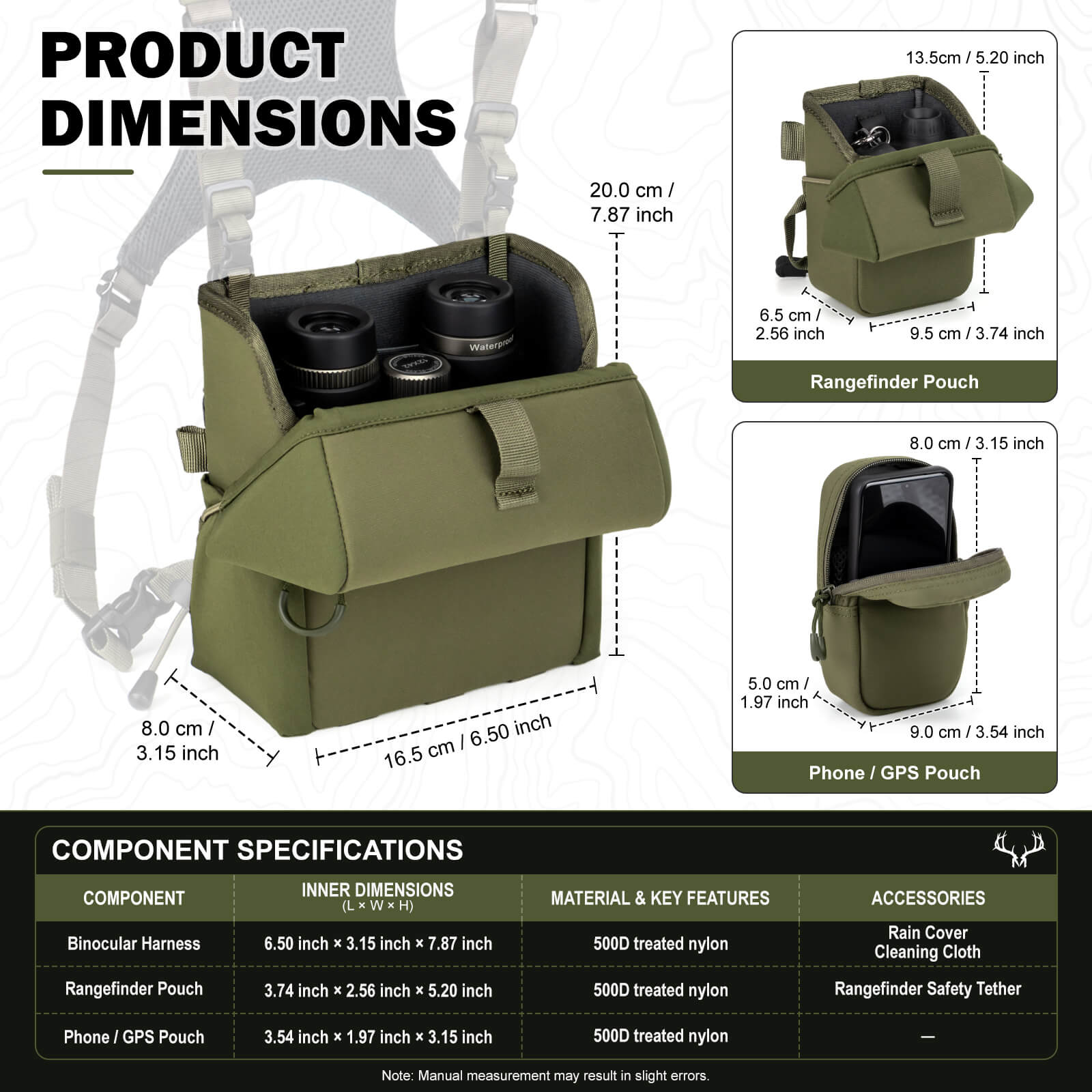 modular binocular harness size chart, product dimensions for bino pack, rangefinder pouch and phone GPS pouch for hunting