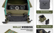 Moxule olive binocular harness feature graphic, silent one-hand open design, MOLLE webbing, included rain cover and rangefinder tether for hunting