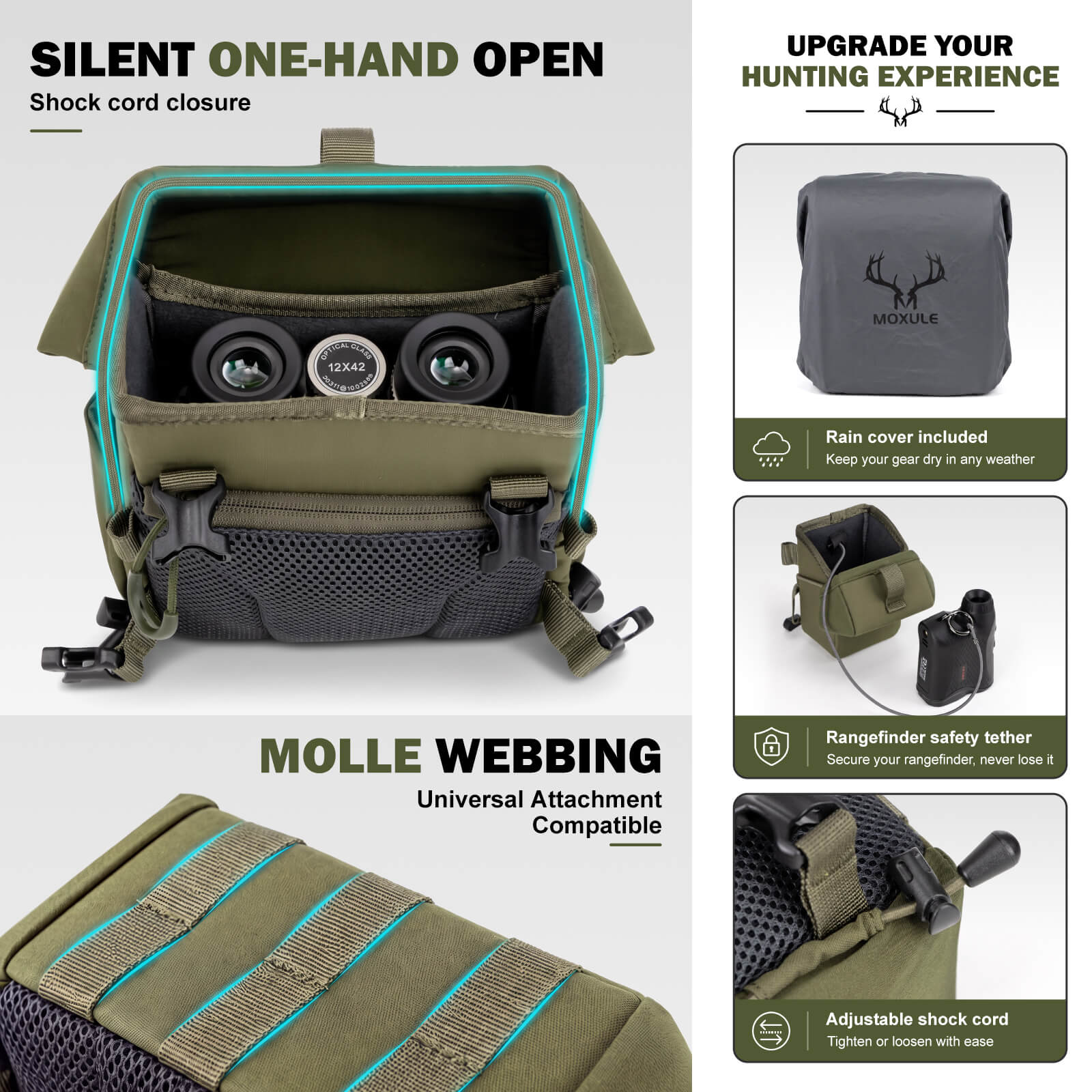 Moxule olive binocular harness feature graphic, silent one-hand open design, MOLLE webbing, included rain cover and rangefinder tether for hunting