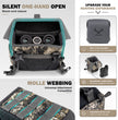 Moxule camo binocular harness feature infographic, silent one-hand shock cord opening, MOLLE webbing, included rain cover and rangefinder safety tether for stealth backcountry hunting