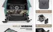 Moxule camo binocular harness feature infographic, silent one-hand shock cord opening, MOLLE webbing, included rain cover and rangefinder safety tether for stealth backcountry hunting