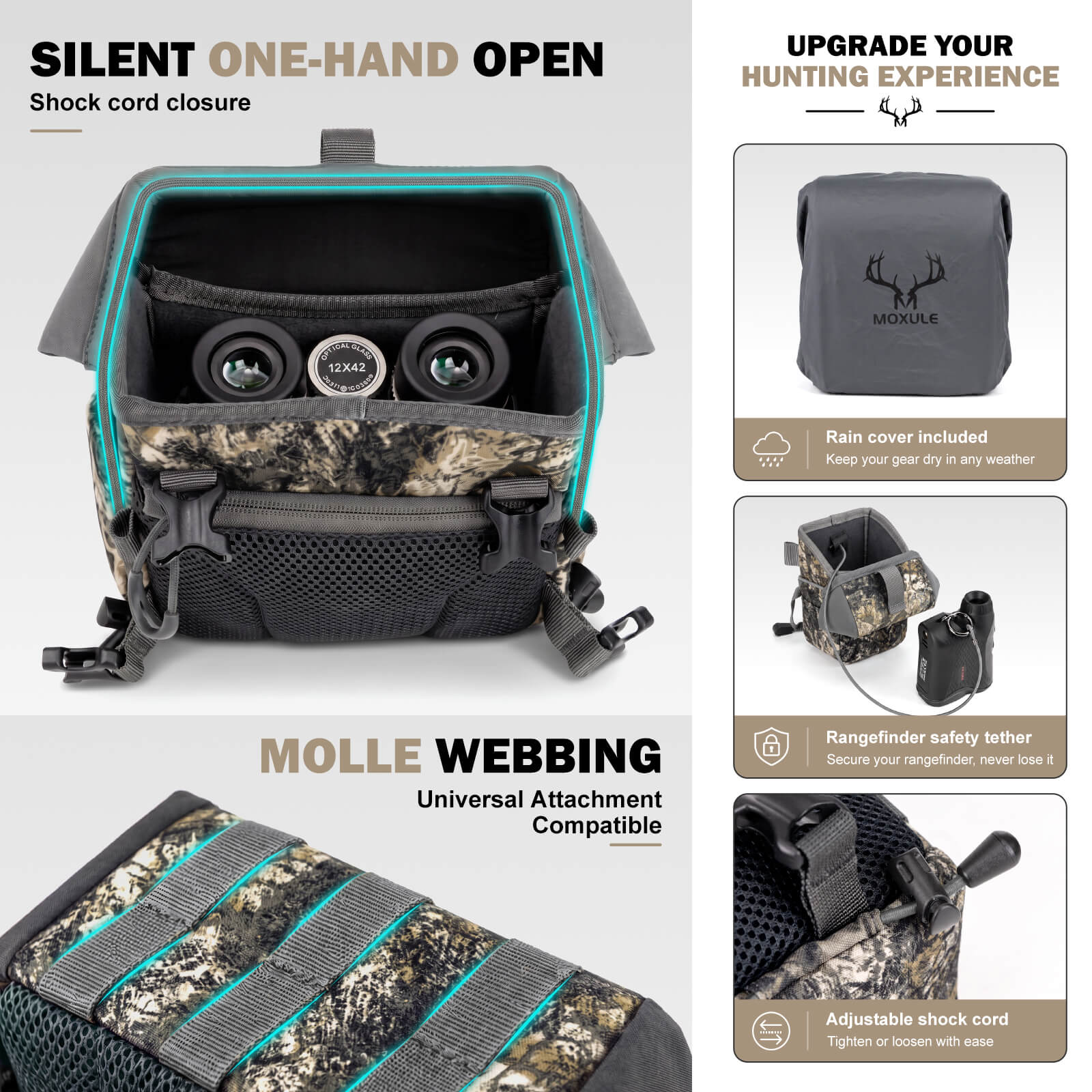 Moxule camo binocular harness feature infographic, silent one-hand shock cord opening, MOLLE webbing, included rain cover and rangefinder safety tether for stealth backcountry hunting