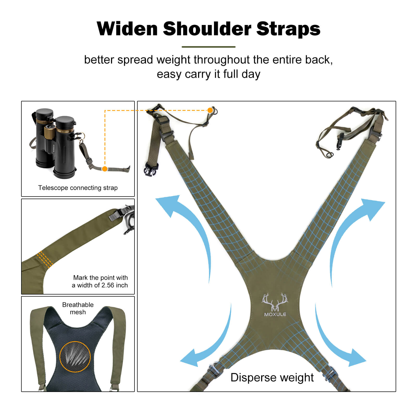 Moxule hunting bino chest pack padded shoulder strap structure, breathable mesh back and weight distribution system