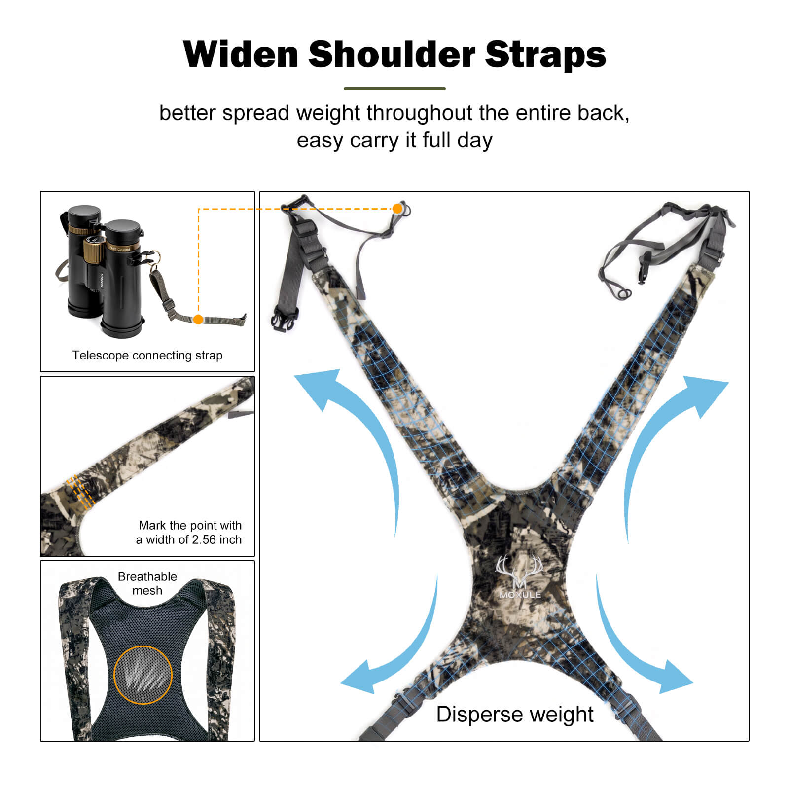 Wide shoulder strap feature of Moxule camo bino harness, weight dispersion and breathable mesh for comfortable all-day hunting