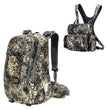 Woodland camo compact MOXULE day hunting backpack with Medium camo bino harness, treestand hunting gear set for 10x50 binoculars, short fall daytime hunting equipment