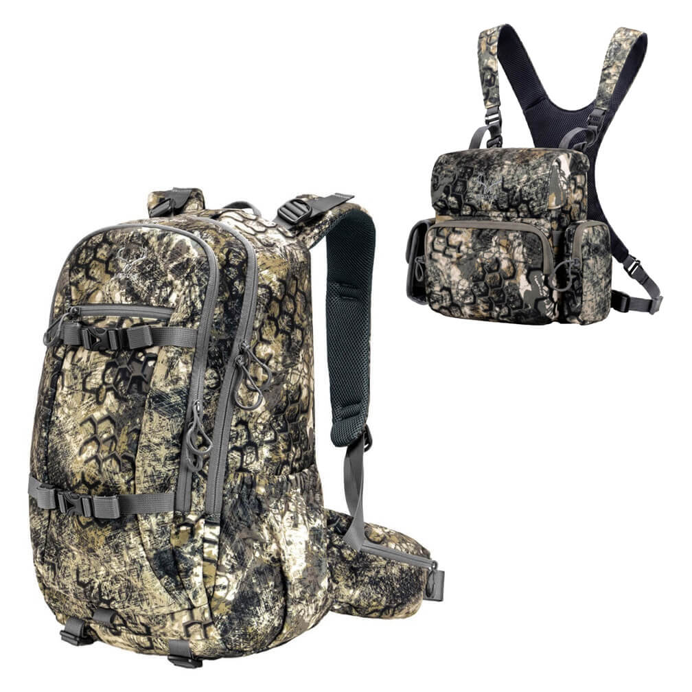Woodland camo compact MOXULE day hunting backpack with Medium camo bino harness, treestand hunting gear set for 10x50 binoculars, short fall daytime hunting equipment
