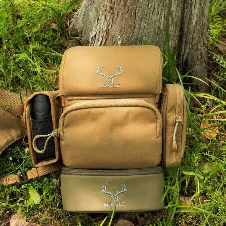 Brown & Olive Green Moxule Hunting Binocular Harness with Detachable Bottom Pouch, Bino Chest Pack Combo for Outdoor Hunting