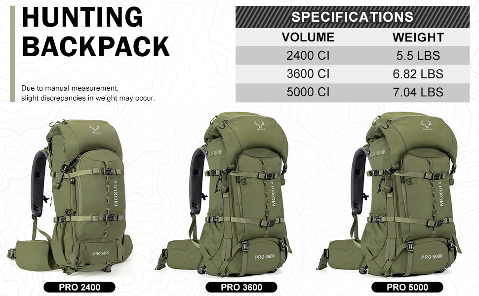 The MOXULE PRO Green Hunting Backpack comes in three sizes and offers expandable storage, making it suitable for short treks, multi-day trips, and game transport.