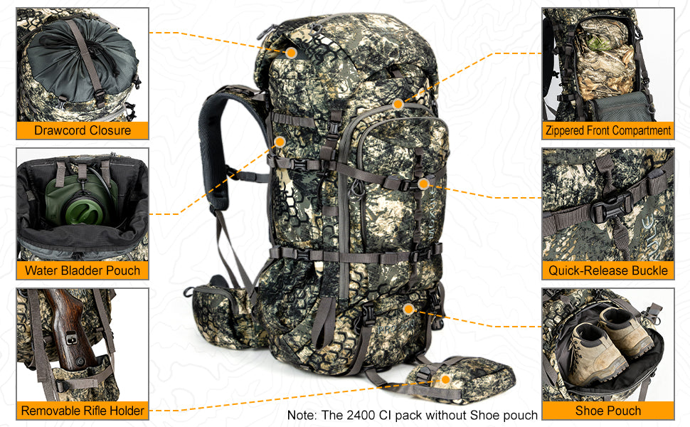 MOXULE Camo Hunting Backpack: Features drawstring closure, hydration bladder compartment, zippered front pocket, quick-release buckle, and detachable rifle holster.