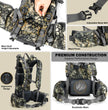 Moxule's camouflage hunting harness features an adjustable meat rack, a detachable waist pack, an ergonomic design, and breathable mesh fabric.