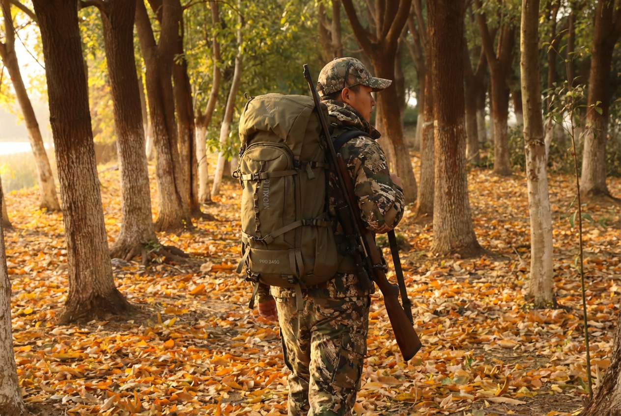 Hunter in camouflage gear carrying Moxule PRO 3600 hunting backpack through autumn foliage. Equipped with rifle holder, water bladder compartment, and silent design