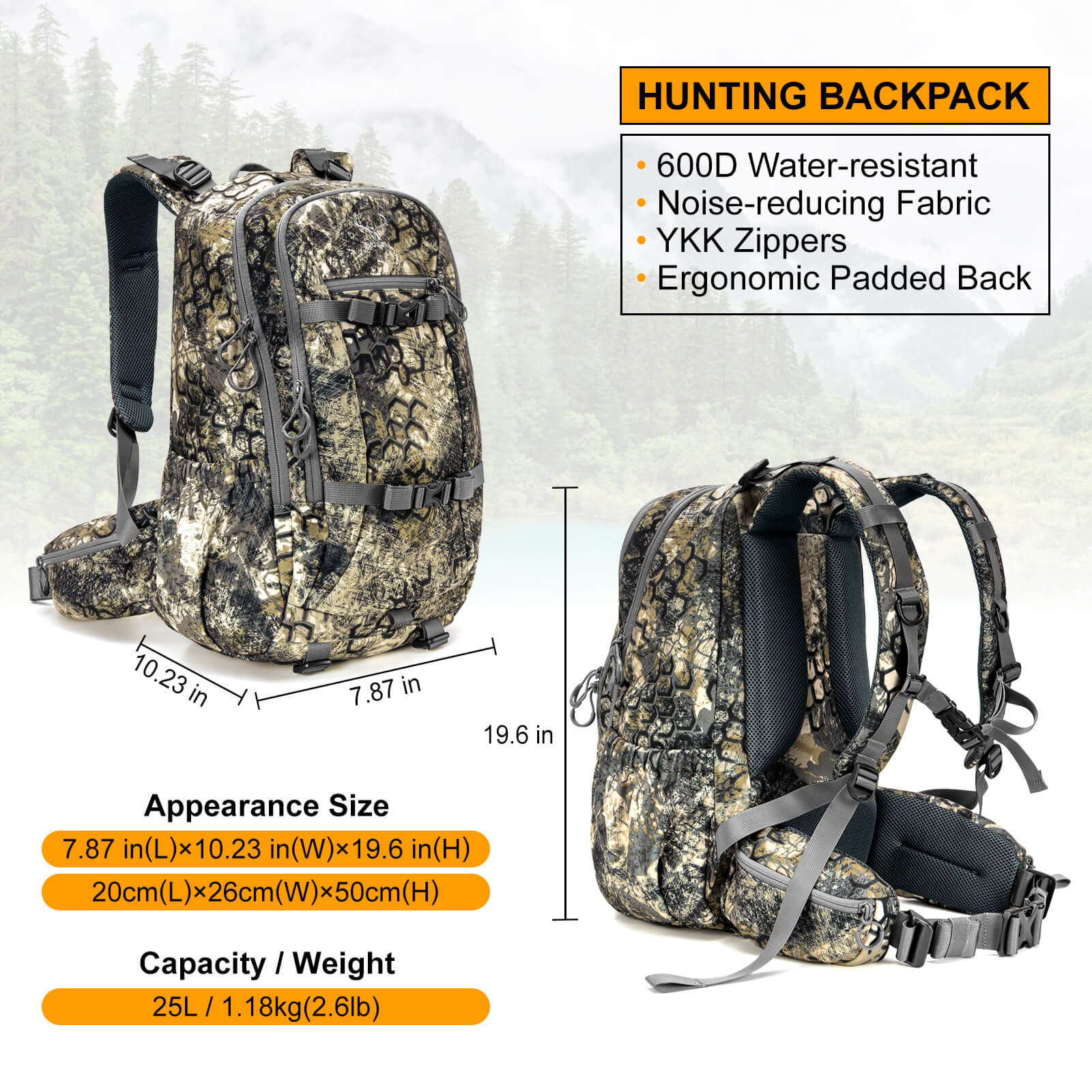 Moxule durable hunting backpack with 600D water-resistant fabric, noise-reducing material, YKK zippers, and ergonomic padded back, 25L capacity for backcountry hunting