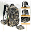 Moxule camouflage hunting backpack with modular storage: top front pocket, second front pocket, and detachable waist bag, designed for backcountry hunting
