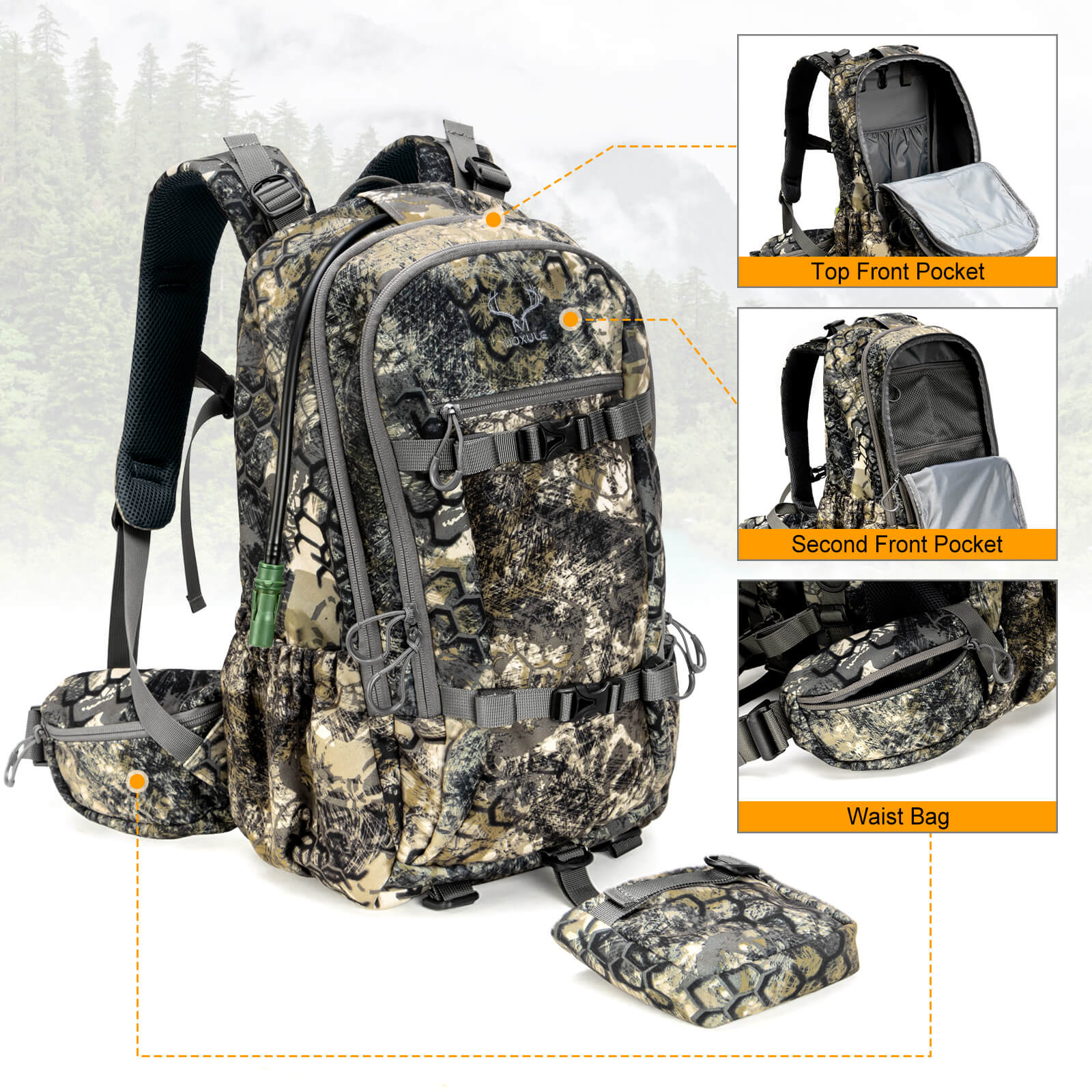 Moxule camouflage hunting backpack with modular storage: top front pocket, second front pocket, and detachable waist bag, designed for backcountry hunting