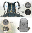 Moxule camouflage hunting backpack with breathable mesh back, ergonomic design, and included rain cover with dedicated storage
