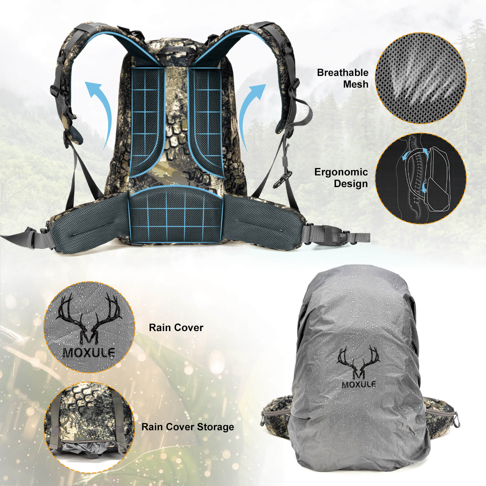 Moxule camouflage hunting backpack with breathable mesh back, ergonomic design, and included rain cover with dedicated storage

