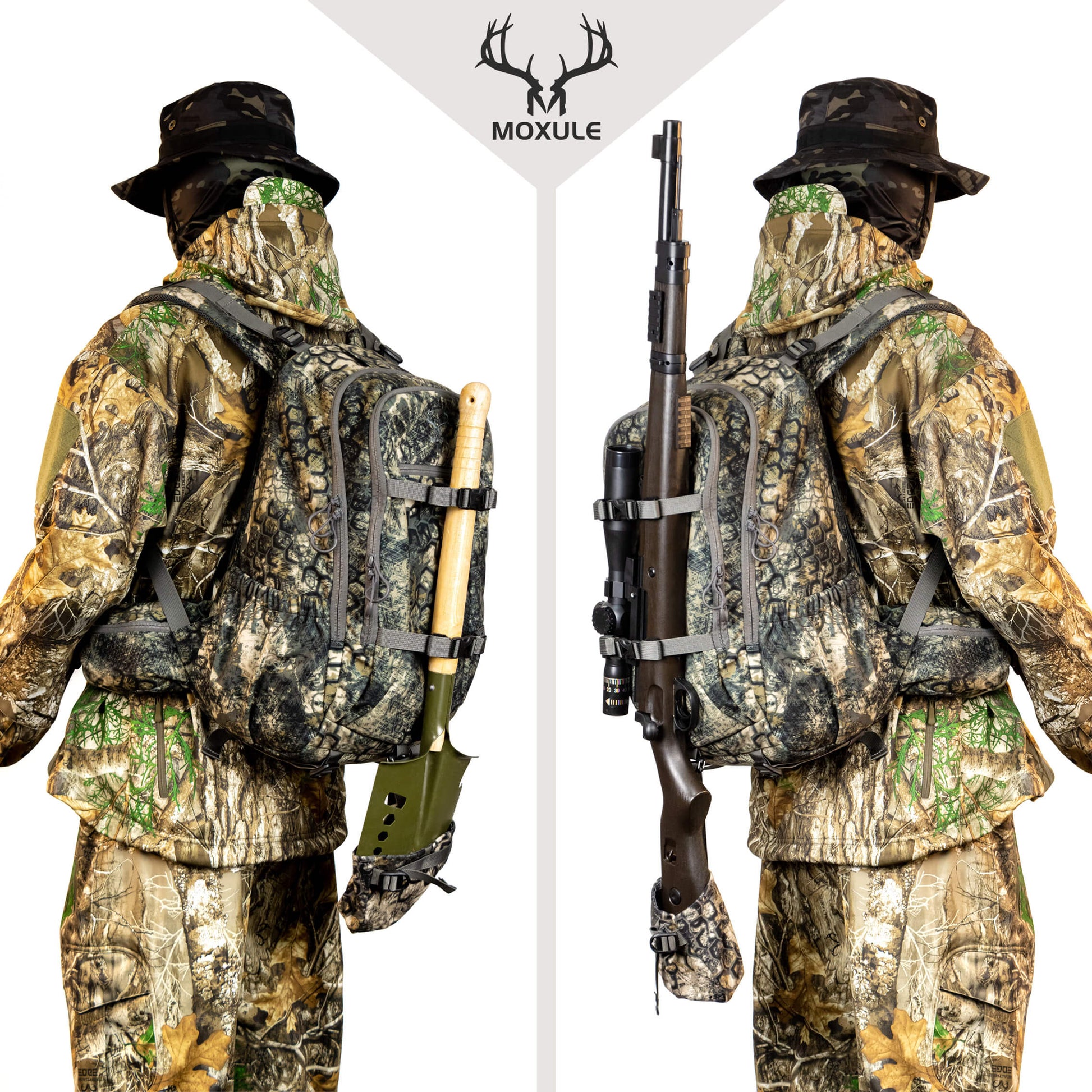 Moxule Camouflage Hunting Backpack: Secures tools/rifles with straps, blends into woodland. 