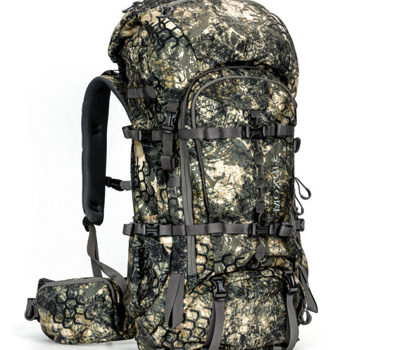 Camo hunting backpack with modular meat shelf and detachable chest pack for elk and deer hunting, Moxule Pro 3600