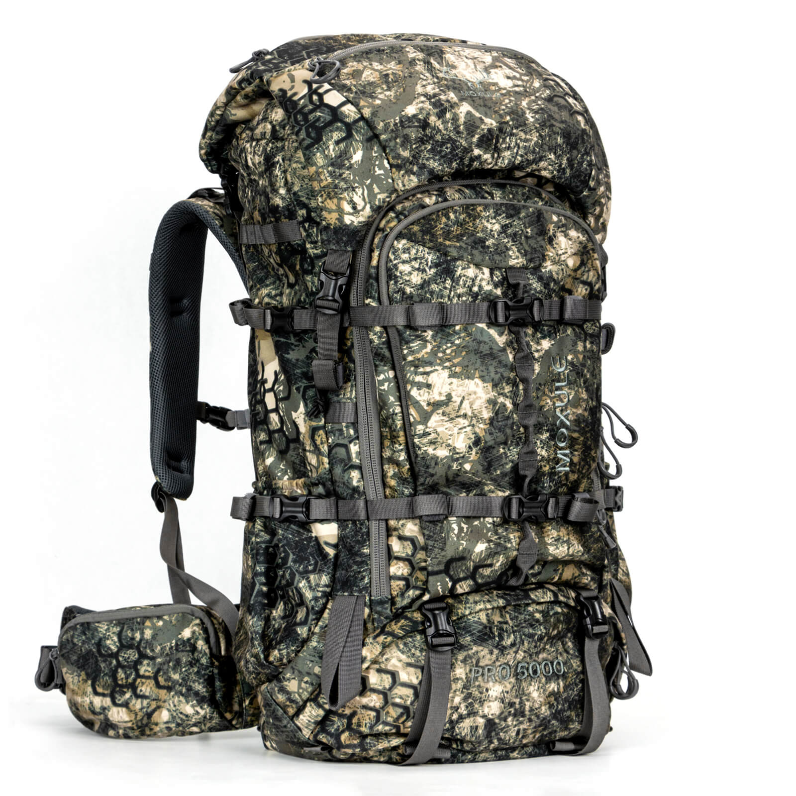 The MOXULE Pro 5000 camouflage hunting backpack features a large main compartment and a flip-top design.