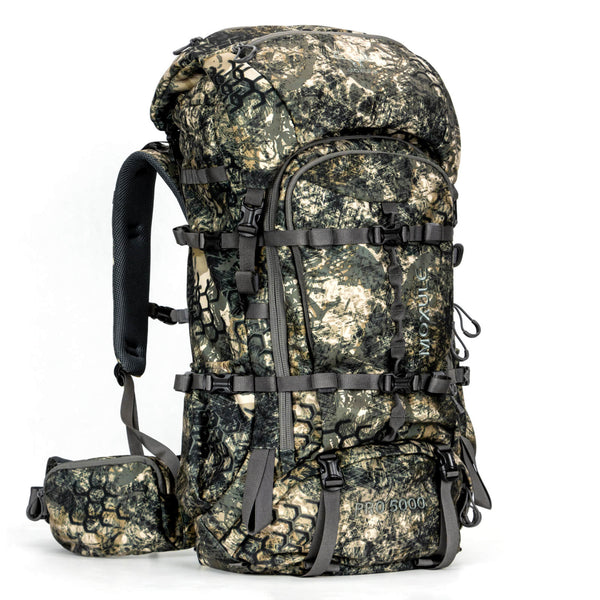 MOXULE PRO 5000 Bionic Camouflage Hunting Backpack. Modular structure supports capacity expansion.