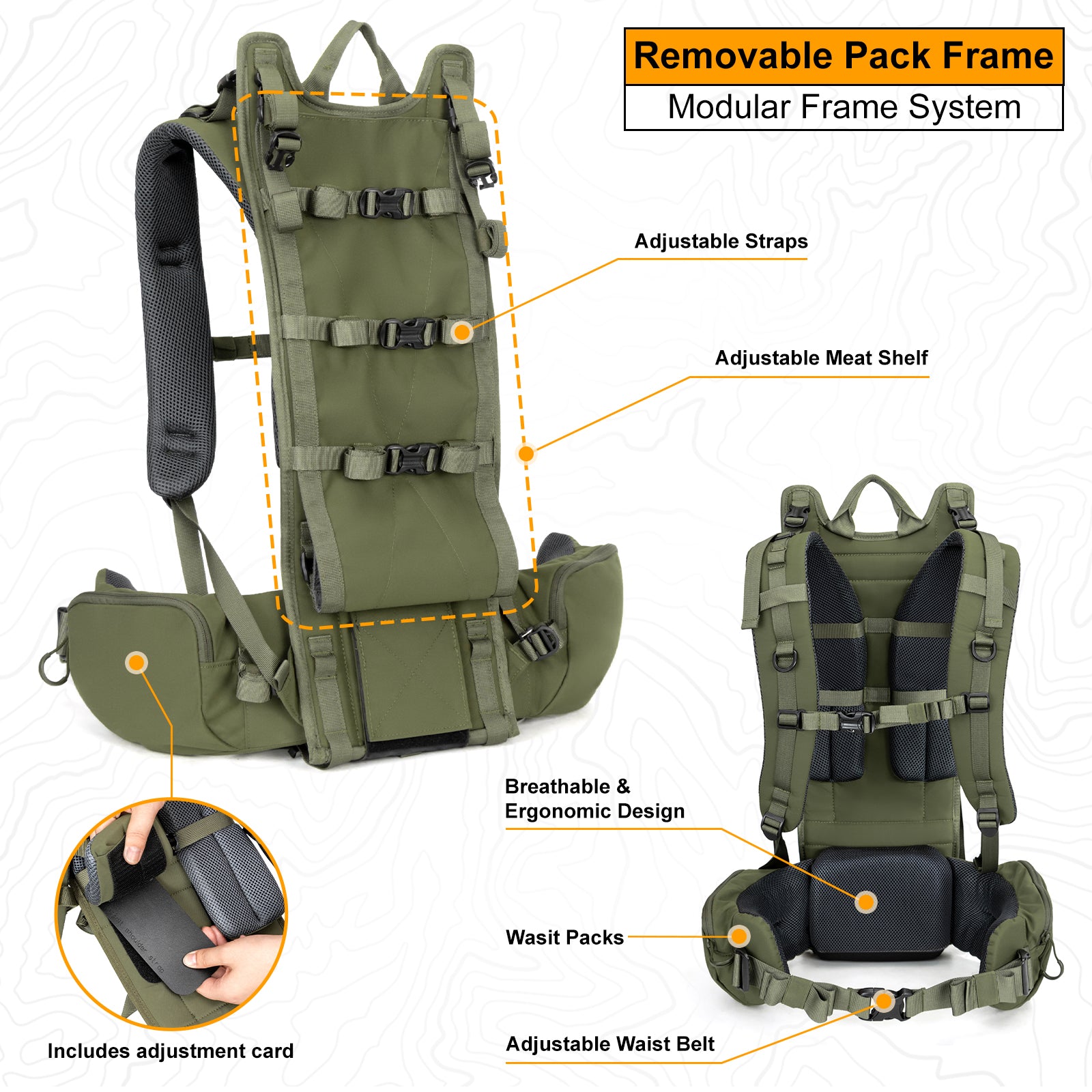 Moxule Modular Olive Hunting Backpack Frame | Removable, Adjustable Hunting Pack System