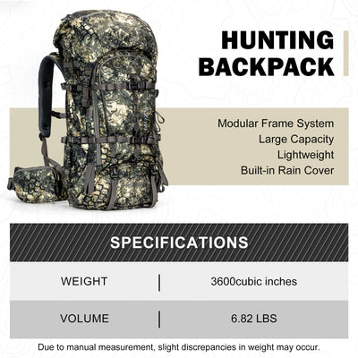 3600 Cubic Inches Camo Hunting Backpack, Modular Frame System with Integrated Built-In Rain Cover