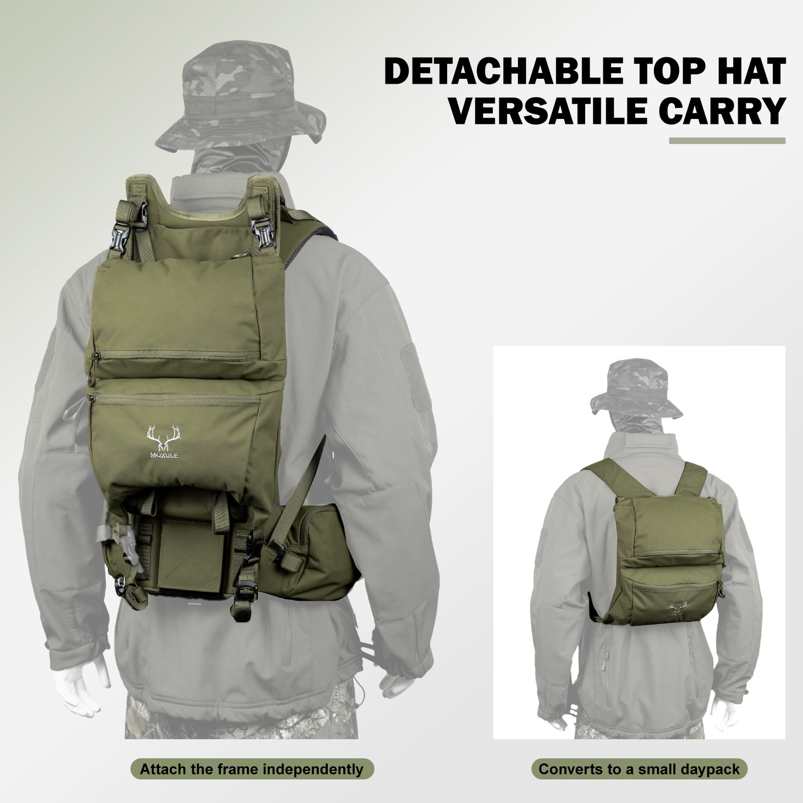 Moxule Olive Hunting Backpack with Detachable Top Lid | Versatile Modular Hunting Gear