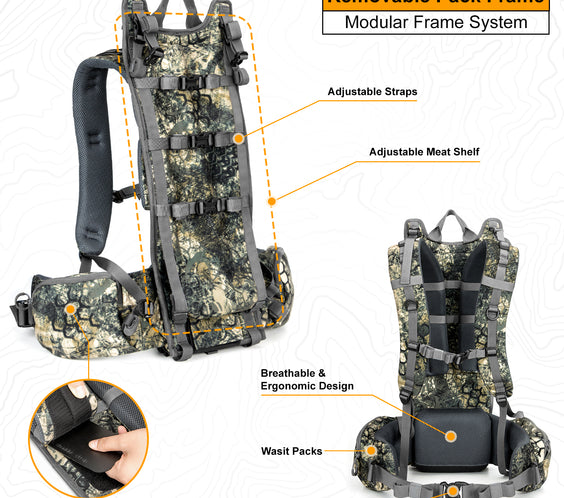MOXULE Modular Camo Hunting Backpack Frame: Detachable design, suitable for day hunting games							