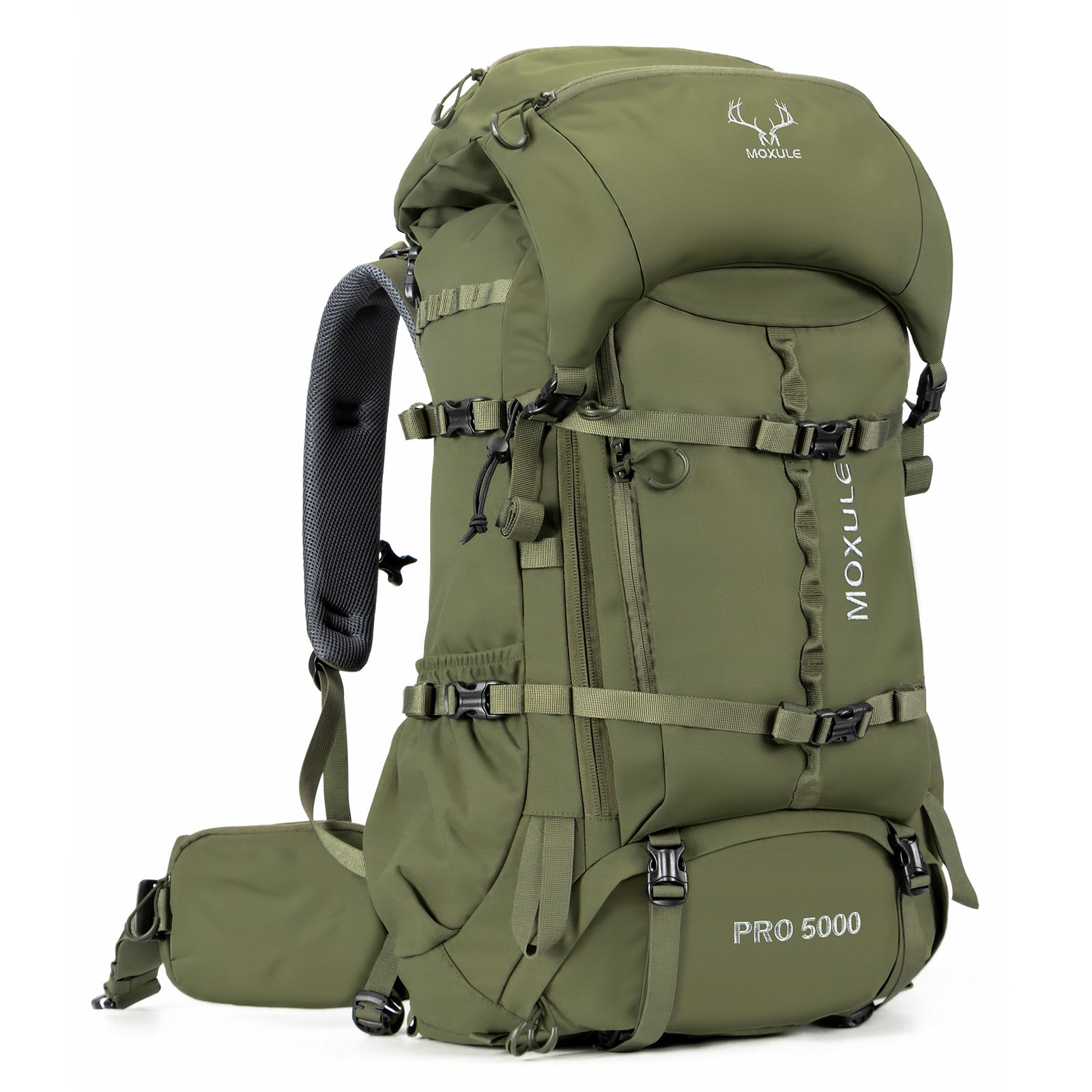 MOXULE PRO 5000 Green Professional Hunting Backpack, compatible with multiple main pack sizes and expandable capacity.