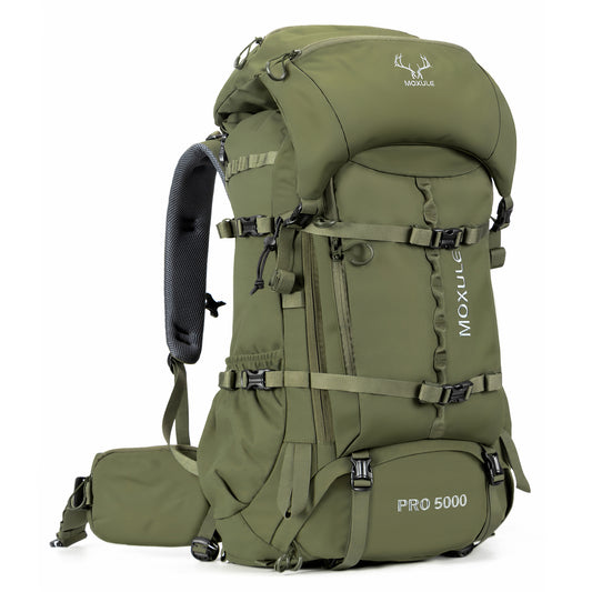 MOXULE PRO 5000 Green Professional Hunting Backpack, compatible with multiple main pack sizes and expandable capacity.