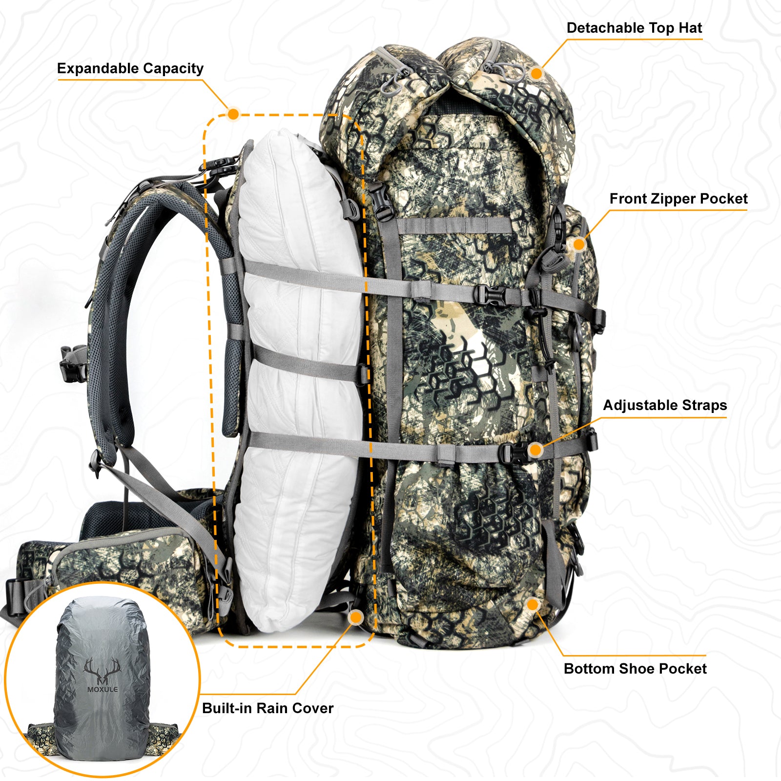 Moxule Expandable Camouflage Hunting Backpack | Large-Capacity Hunting Pack with Rain Cover