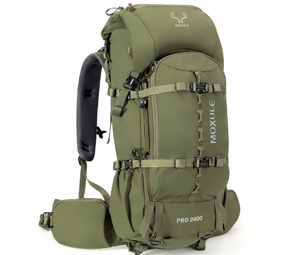 The MOXULE PRO 2400 Green Hunting Backpack is made of 500D waterproof nylon fabric and features YKK zippers and Duraflex buckles.