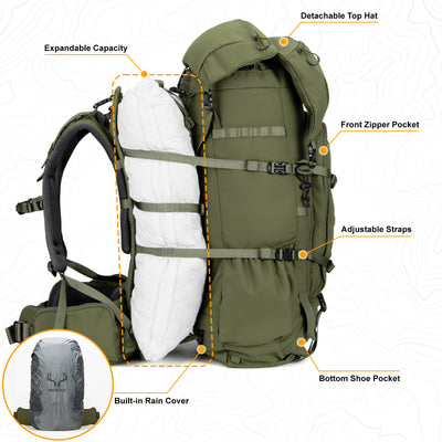 The MOXULE Green Professional Hunting Backpack features an expandable capacity and supports external gear attachments.