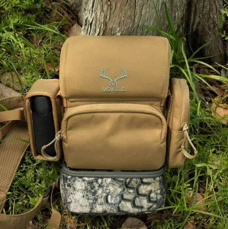 Brown Moxule Hunting Binocular Harness with Camo Bottom Pouch, Bino Chest Pack Combo for Outdoor Hunting