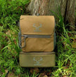 Elk hunting binocular chest pack by Moxule, coyote brown binocular harness with removable olive green storage pouch for outdoor hunts.