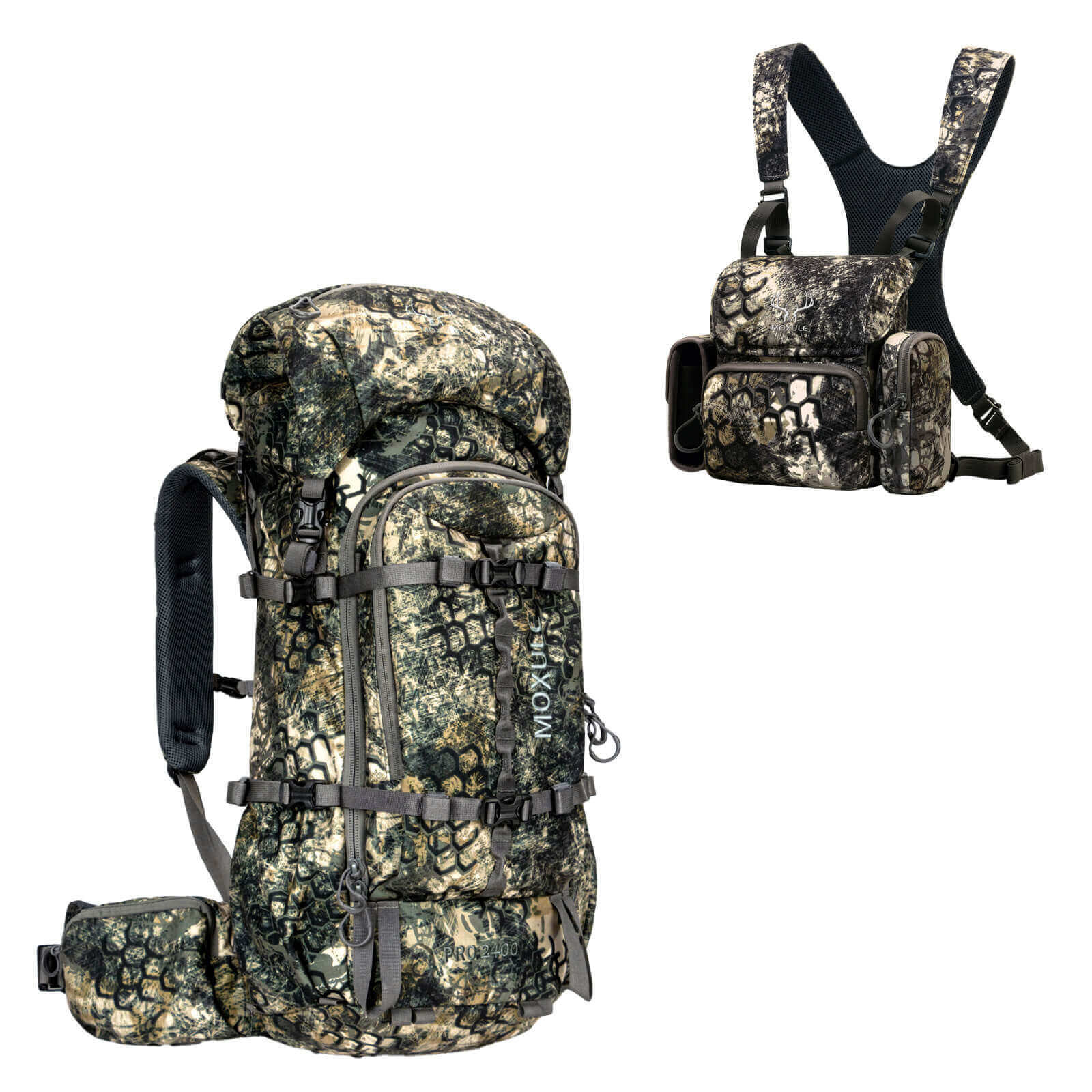 Camouflage Moxule PRO hunting backpack and matching camo bino harness chest pack for backcountry bow hunting