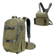 A green lightweight day hunting backpack with a medium camouflage binoculars strap; a tree-frame hunting gear set suitable for standard 10x50 binoculars; ideal for short day hunting trips in autumn.