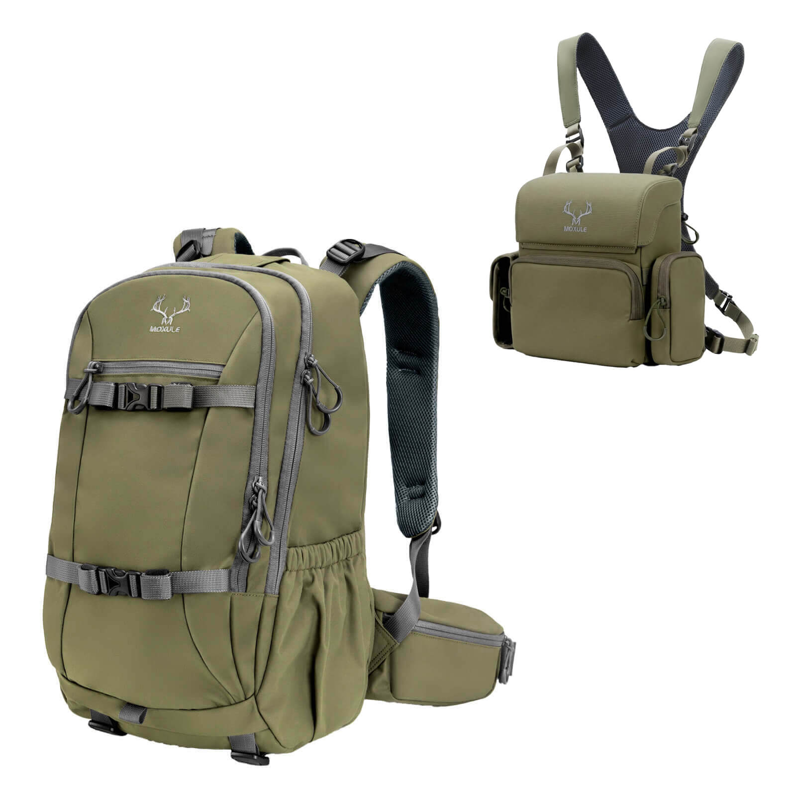A green lightweight day hunting backpack with a medium camouflage binoculars strap; a tree-frame hunting gear set suitable for standard 10x50 binoculars; ideal for short day hunting trips in autumn.
