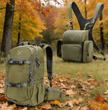 Moxule olive green hunting backpack and binocular harness chest pack combo, durable weather-resistant hunting gear set for elk and deer hunting.