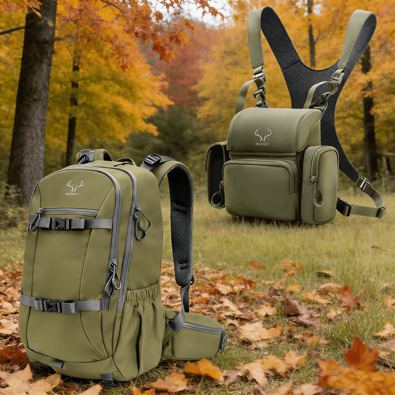 Moxule olive green hunting backpack and binocular harness chest pack combo, durable weather-resistant hunting gear set for elk and deer hunting.