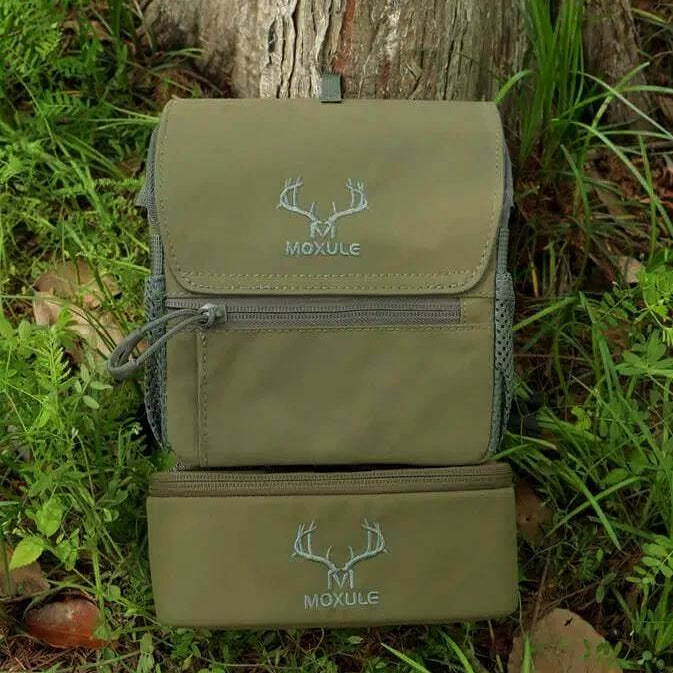 Olive Green Moxule Hunting Binocular Harness with Detachable Storage Pouch, Bino Chest Pack for Elk Hunting and Outdoor Wildlife Observation