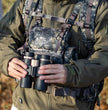 Moxule hunting binocular harness, camo chest pack for binoculars, adjustable hunting gear for outdoors.
