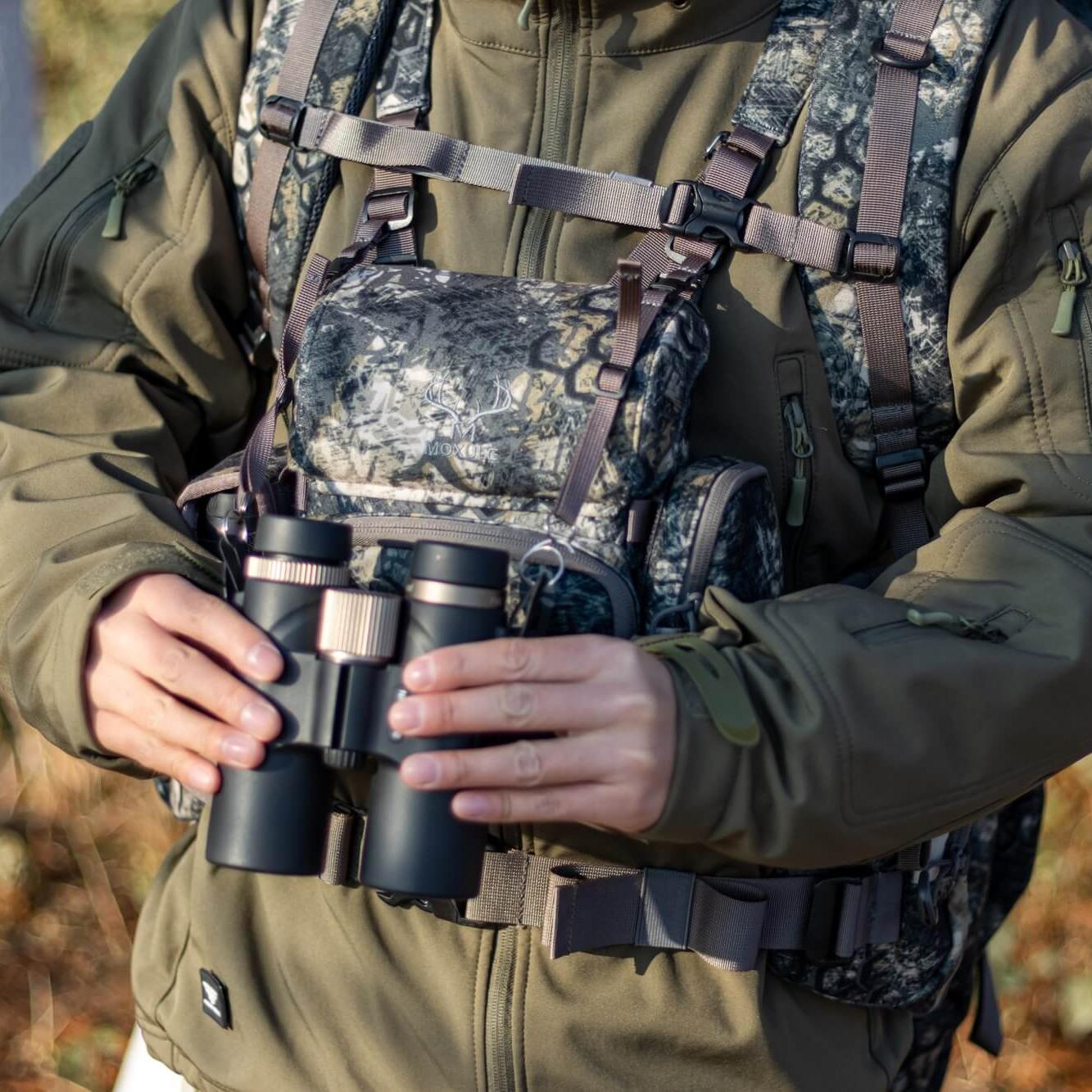 Moxule hunting binocular harness, camo chest pack for binoculars, adjustable hunting gear for outdoors.