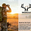 Man in camouflage gear with a bow and quiver, standing in a field with sunset, Moxule brand logo and text.