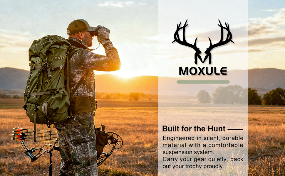 Man in camouflage gear with a bow and quiver, standing in a field with sunset, Moxule brand logo and text.