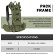 Moxule's olive green backpack rack is made of lightweight aluminum alloy and features a meat loading rack. It balances portability with the heavy load-bearing capacity required for hunting.
