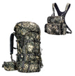 Camouflage PRO 3600 hunting backpack with large camouflage binocular strap, tree frame hunting gear set for 10x50 binoculars, autumn field hunting gear.