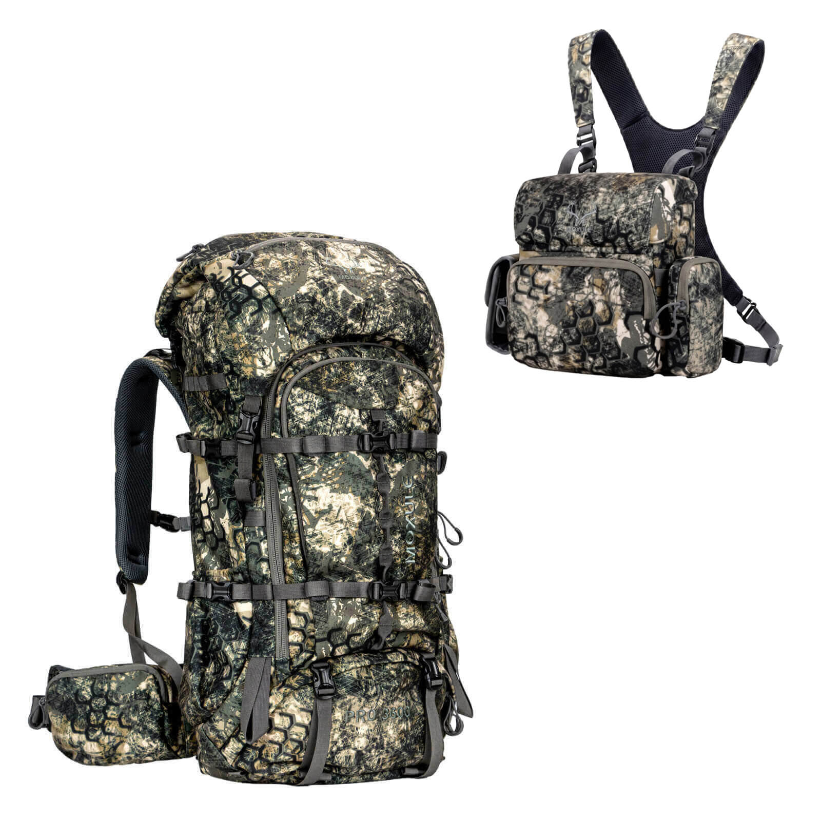 Camouflage PRO 3600 hunting backpack with large camouflage binocular strap, tree frame hunting gear set for 10x50 binoculars, autumn field hunting gear.